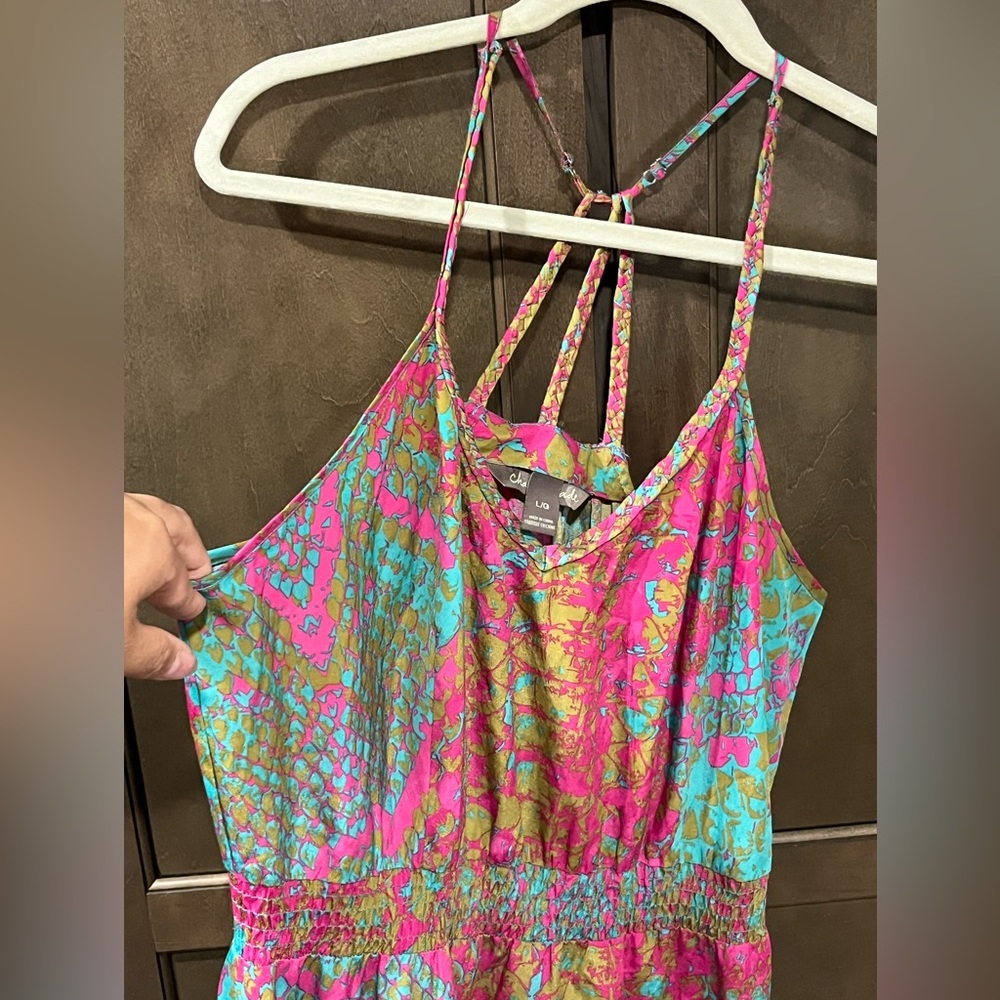 Elegant Summer Print Dress, size L, V-neck Braided Back Detail HiLo Lightweight